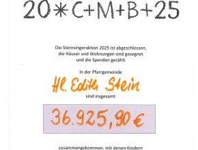 Plakat, auf dem Danke steht, der Segen 20*C+M+B+25 und die Spendensumme 36925,90 €
