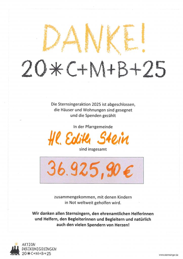 Plakat, auf dem Danke steht, der Segen 20*C+M+B+25 und die Spendensumme 36925,90 €