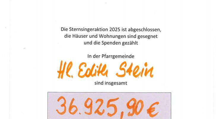 Plakat, auf dem Danke steht, der Segen 20*C+M+B+25 und die Spendensumme 36925,90 €
